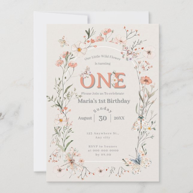 Boho WildblomBlommigt Baby Birthday Inbjudningar (Framsida)