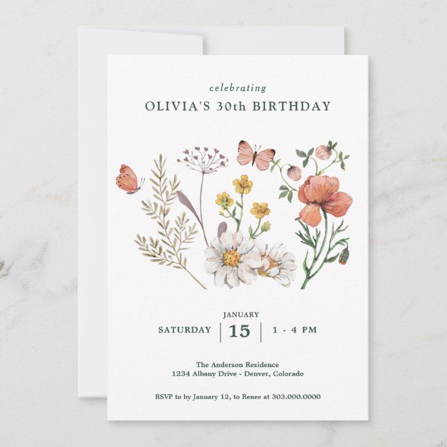 Boho WildblomBlommigt Birthday Inbjudningar (Framsida)