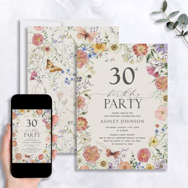 Boho WildblomBlommigt Ram 30års födelsedag Inbjudningar (Skapare uppladdad)