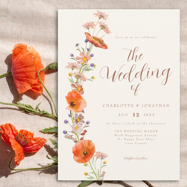 Boho WildblomBröllop Inbjudningar (Elegant watercolor floral orange wedding invitation)