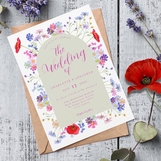 Boho WildblomBröllop Inbjudningar (Colorful wildflower boho chic pink script wedding invitation )
