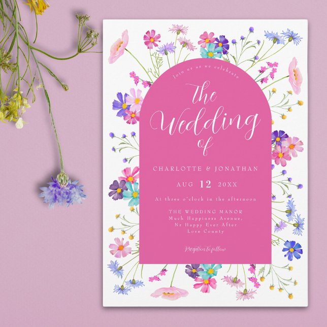 Boho WildblomBröllop Inbjudningar (Colorful wildflower elegant hot pink summer wedding invitation )