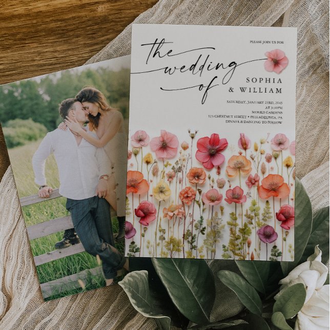 Boho Wildblombröllopsinbjudan Foto Back Inbjudningar (Wildflower Wedding Invite)