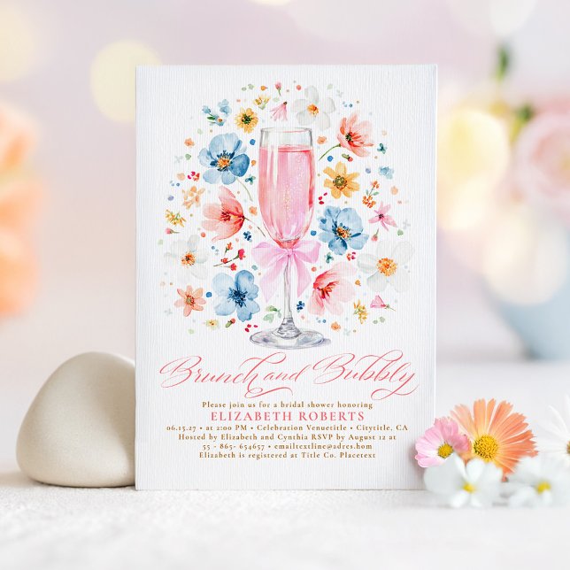 Boho WildblomBrunch och Bubly Möhippa Inbjudningar (Rose Wine Wildflowers Boho Brunch and Bubbly Bridal Shower Invitation)