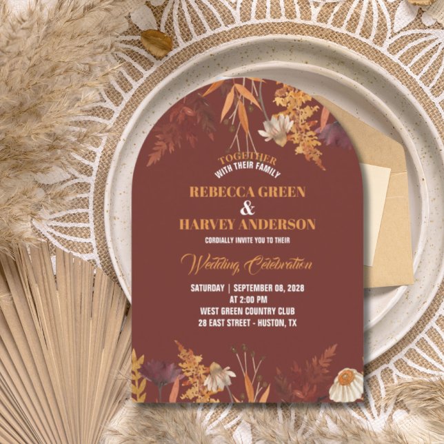 Boho Wildblomburgundy Autumn Fall Wedding Inbjudningar (Boho Wildflower Burgundy Autumn Fall Wedding Invitation)