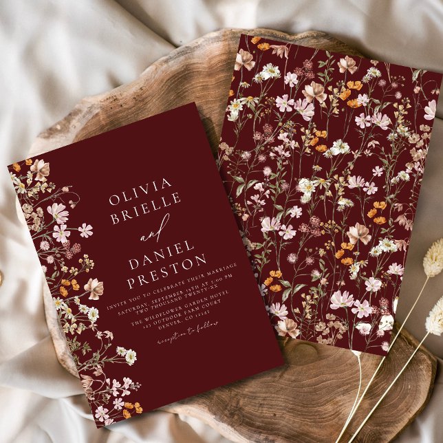 Boho WildblomBurgundy Garden Wedding Inbjudningar (Skapare uppladdad)