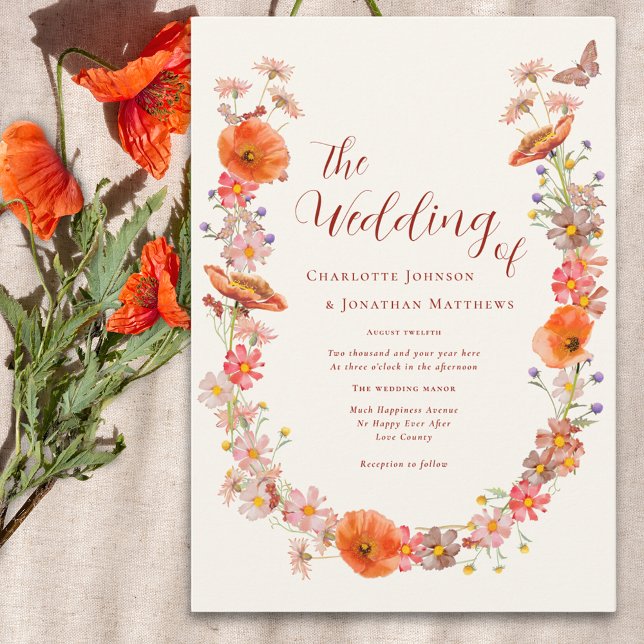 Boho WildblomButterfly Earthy Tones Inbjudningar (Boho wildflower butterfly wedding invitation in orange brown and peach watercolor florals)
