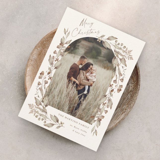 Boho Wildblomch Arch Photo jul Julkort (Boho wildflower foliage elegant arch photo christmas holiday card.)