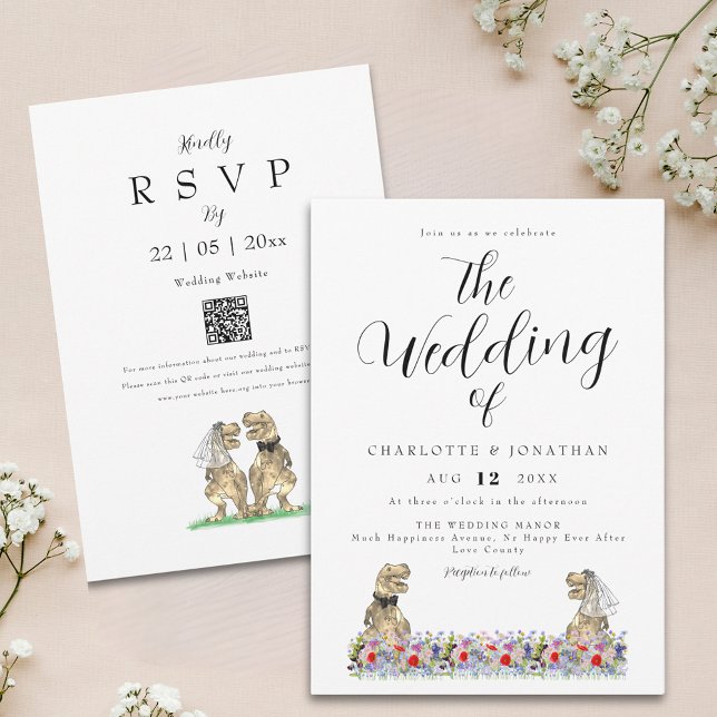 Boho Wildblomdinosaur Bröllop QR-kod Inbjudningar (Boho wildflower dinosaur wedding invitation with elegant script watercolor florals and qr code)