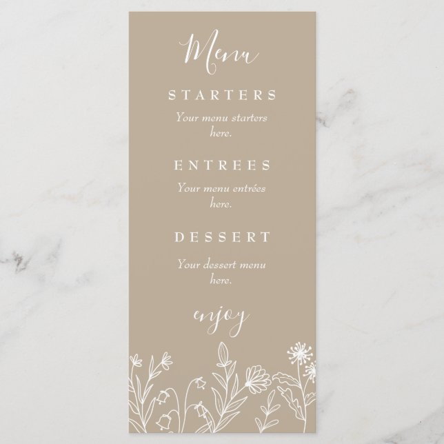 Boho wildblomearthy tan bröllop meny (Framsida)