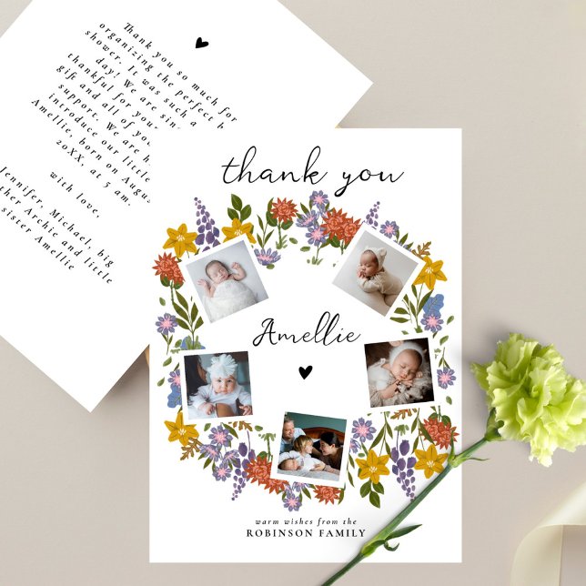 Boho Wildblomens andningsfoto Collage Baby Shower Tack Kort (Skapare uppladdad)