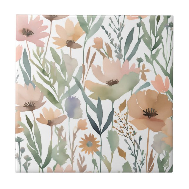 Boho Wildblomens vattenfärgsfärg, Blommigt Pastell Kakelplatta (Framsidan)