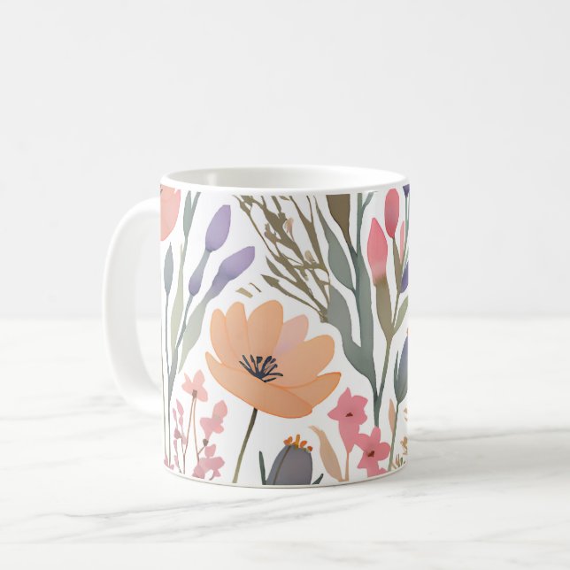 Boho Wildblomens vattenfärgsfärgsplast, Blommigt P Kaffemugg (Framsida vänster)