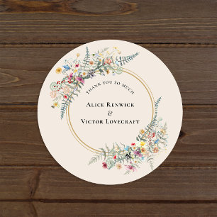 Boho Wildblomfern Beige Bröllop Tack Favor Runt Klistermärke