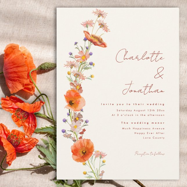 Boho Wildblomfluga Wedding Inbjudningar (Simple wildflowers wedding invitation in earthy tones)