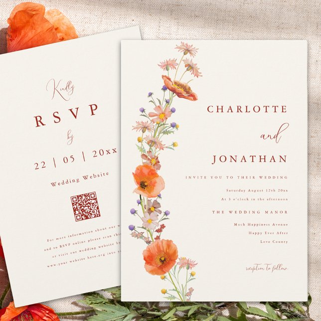Boho Wildblomfluga Wedding Inbjudningar (Boho wildflower fall orange wedding invitation with qr code )