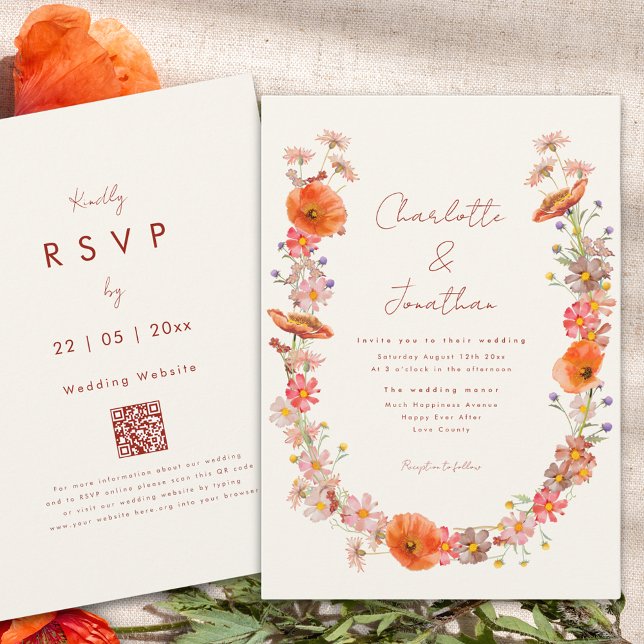 Boho Wildblomfluga Wedding Inbjudningar (Boho wildflower wreath fall wedding invitation orange peach brunt orange whimsical script)