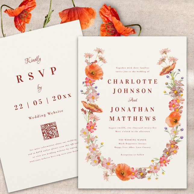 Boho Wildblomfluga Wedding Inbjudningar (Boho dried flowers fall wedding invitation with qr code)