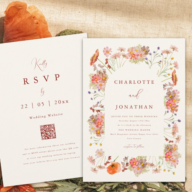 Boho Wildblomfluga Wedding Inbjudningar (Boho wildflower fall wedding invitation with dried flowers and burnt orange script qr code)