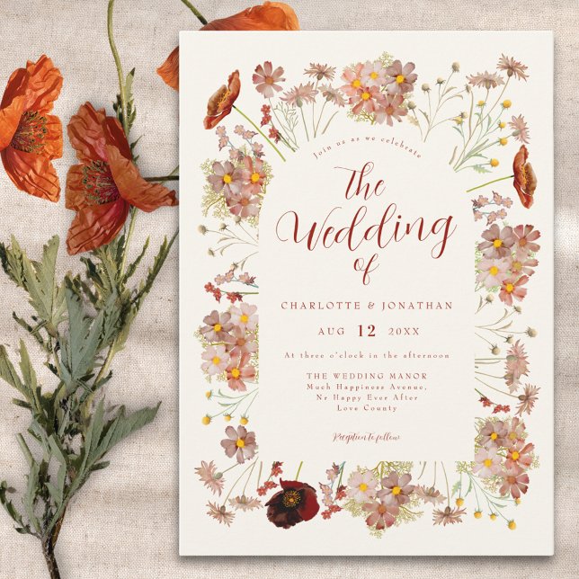 Boho Wildblomfluga Wedding Inbjudningar (Elegant boho wildflower fall earthy tones wedding invitation )