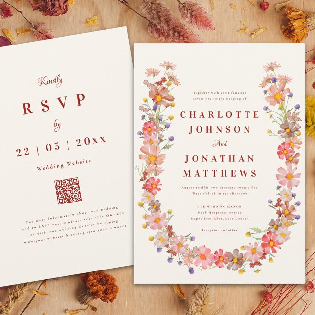 Boho Wildblomfluga Wedding Inbjudningar (Wildflower wreath fall wedding invitation )