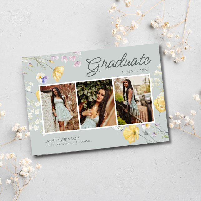 Boho Wildblomfoto High School Studenten Meddelande (Boho Wildflower Photo High School Graduation Announcement)