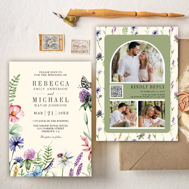 Boho Wildblomfoto QR-kod Cream Bröllop Inbjudningar (Skapare uppladdad)