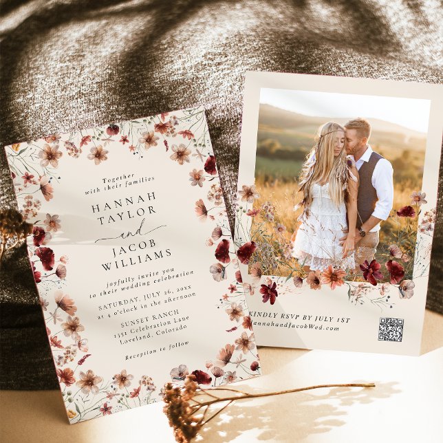Boho Wildblomfoto QR-kod OSA Bröllop Inbjudningar (Skapare uppladdad)