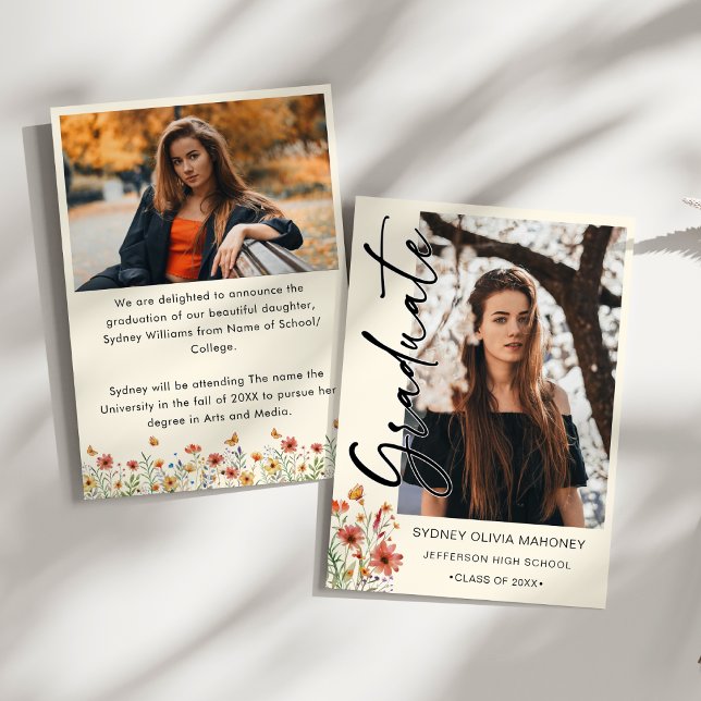 Boho Wildblomma 2 Foton Studenten Meddelande (Boho Watercolor Graduation Announcement – 2 Photo Collage, Wildflowers & Butterflies – Whimsical)