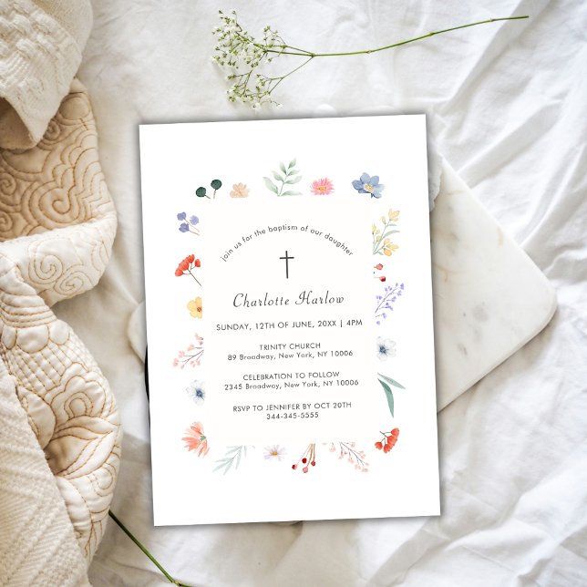 Boho Wildblomma Blommigten Ram Kor Baptism Inbjudningar (Boho Wildflower Floral Frame Cross Baptism Invitation)
