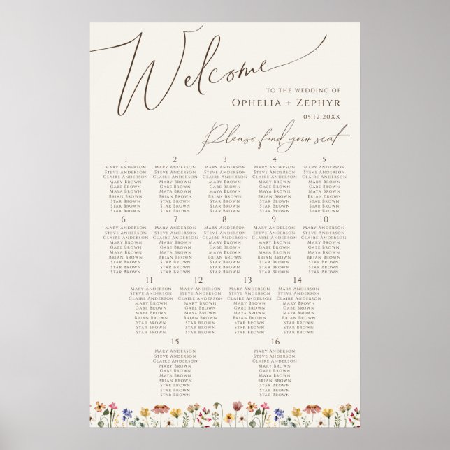 Boho Wildblomma | Bordsnumrets sittplatsplan för B Poster (Framsidan)