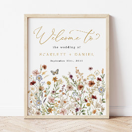 Boho Wildblomma Bröllop Garden Flowers Välkommen Poster