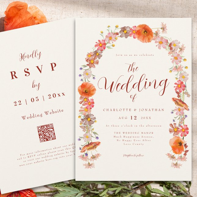 Boho Wildblomma Bröllop QR-kod Inbjudningar (Elegant boho wildflower arch wedding qr code invitation )