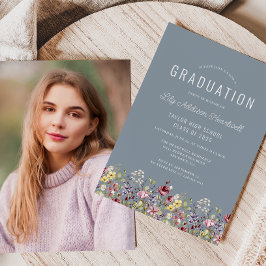 Boho Wildblomma Dusty Blue Photo Studenten Inbjudningar