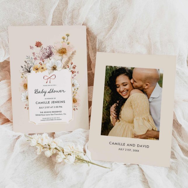 Boho Wildblomma Garden Baby Shower-inbjudan Inbjudningar (Boho Wildflower Garden Baby Shower Photo Invitation)