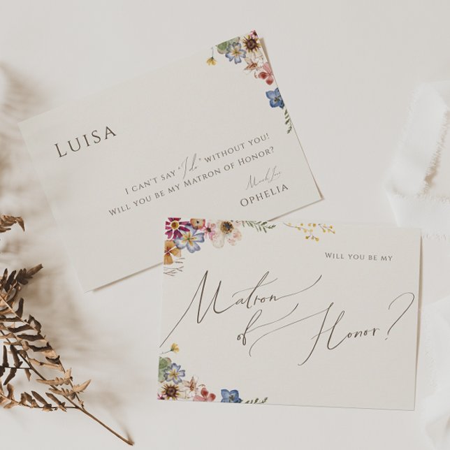 Boho Wildblomma Garden Beige Matron of Honor Card Inbjudningar (Skapare uppladdad)