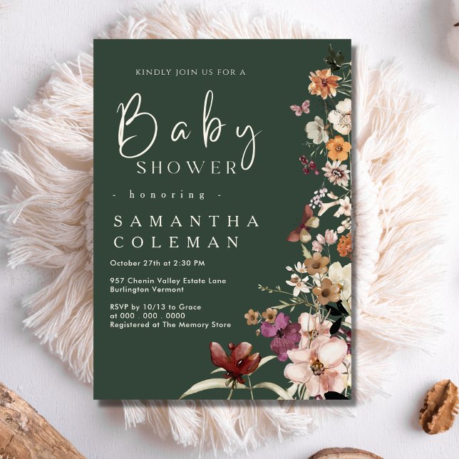 Boho Wildblomma Modern Mörk grönt Cute Baby Shower Inbjudningar (Skapare uppladdad)