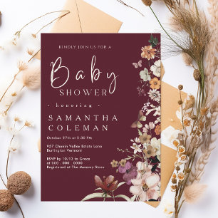 Boho Wildblomma Rustic Burgundy Baby Shower Inbjudningar
