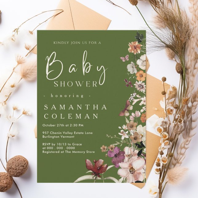 Boho Wildblomma Rustic Moss Grönt Baby Shower Inbjudningar (Skapare uppladdad)