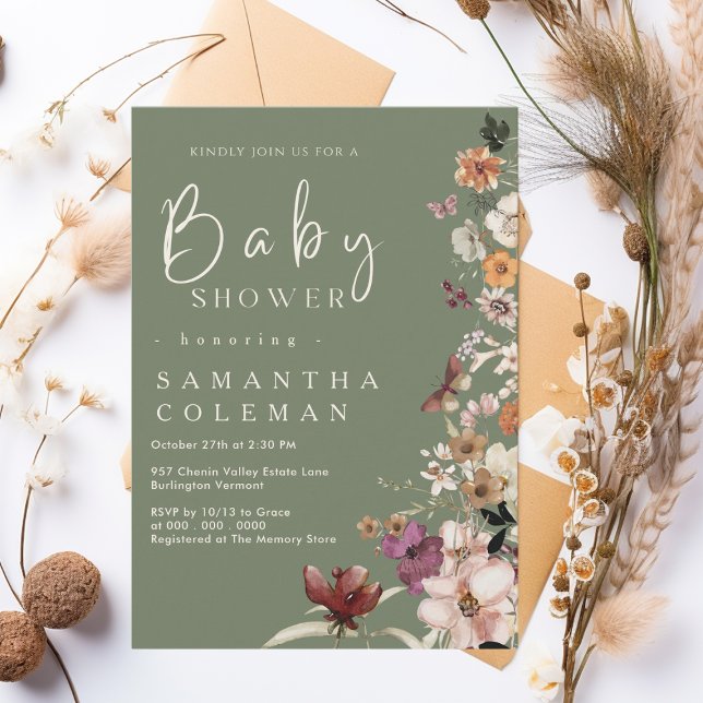Boho Wildblomma Rustic Sage Grönt Baby Shower Inbjudningar (Skapare uppladdad)