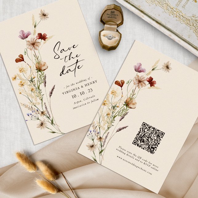 Boho Wildblomma sparar datumet Spara Datumet (Tan Wildflower Boho Floral Save The Date by Painted Paperie
)