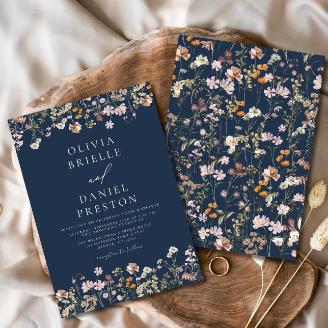 Boho Wildblomman Navy Blue Garden WedWedding Inbjudningar (Skapare uppladdad)