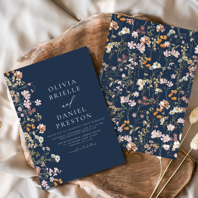 Boho Wildblomman Navy Blue Garden WedWedding Inbjudningar (Skapare uppladdad)