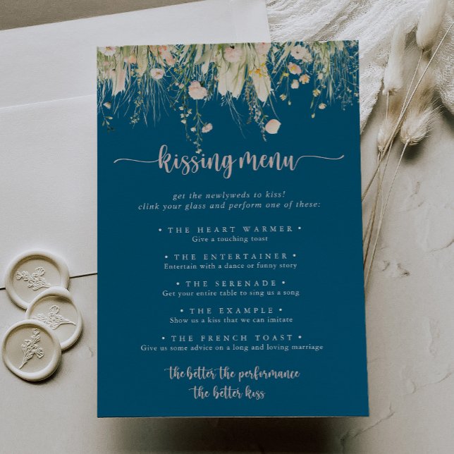 Boho Wildblomman Navy Bröllop Kissing Menu-spel (Skapare uppladdad)