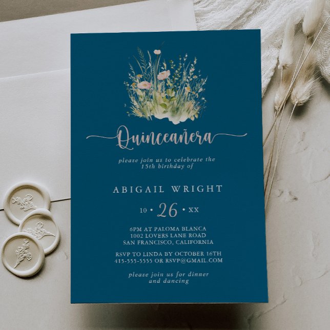 Boho Wildblomman Navy Quinceañera-inbjudan Inbjudningar (Skapare uppladdad)