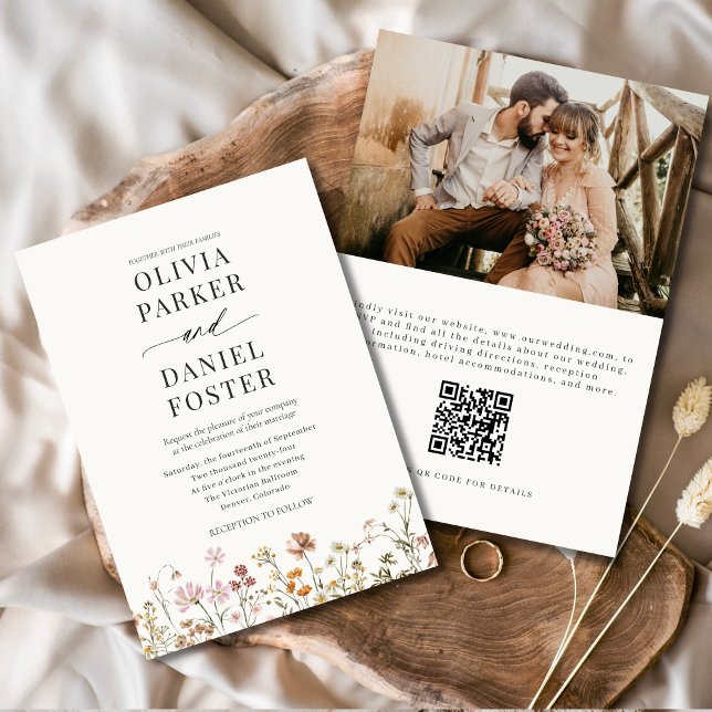 Boho Wildblommans QR-kod Foto minimalist Bröllop Inbjudningar (Skapare uppladdad)