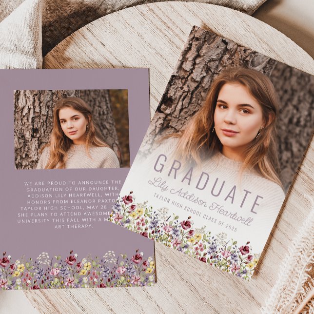 Boho WildblomMauve Photo Grad Announcement Inbjudningar (Skapare uppladdad)