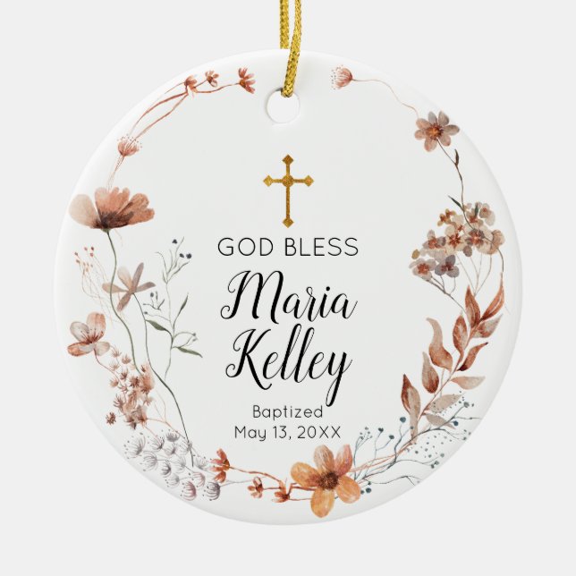 Boho WildblommBlommigt Personlig Girl Baptism Julgransprydnad Keramik (Framsidan)