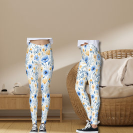 Boho WildblommBlue Gult Blommigt Yoga Leggings