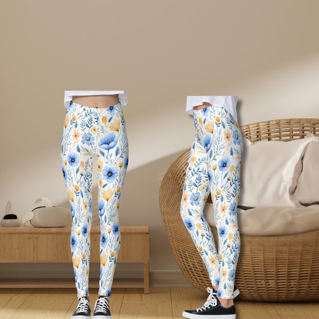 Boho WildblommBlue Gult Blommigt Yoga Leggings (Blue Yellow Wildflowers Boho Yoga Leggings)